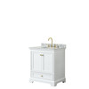 Deborah 30 Inch Single Bathroom Vanity In White, White Carrara Marble Countertop, Undermount Oval Sink, Brushed Gold Trim, No Mirror