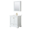 Deborah 30 Inch Single Bathroom Vanity In White, White Cultured Marble Countertop, Undermount Square Sink, Brushed Gold Trim, Medicine Cabinet