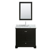 Deborah 36 Inch Single Bathroom Vanity In Dark Espresso, White Carrara Marble Countertop, Undermount Square Sink, And 24 Inch Mirror