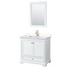 Deborah 36 Inch Single Bathroom Vanity In White, Carrara Cultured Marble Countertop, Undermount Square Sink, Brushed Gold Trim, 24 Inch Mirror