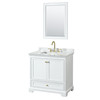 Deborah 36 Inch Single Bathroom Vanity In White, White Carrara Marble Countertop, Undermount Square Sink, Brushed Gold Trim, 24 Inch Mirror
