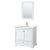 Deborah 36 Inch Single Bathroom Vanity In White, White Cultured Marble Countertop, Undermount Square Sink, Brushed Gold Trim, 24 Inch Mirror