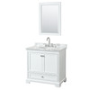 Deborah 36 Inch Single Bathroom Vanity In White, White Carrara Marble Countertop, Undermount Oval Sink, And 24 Inch Mirror