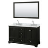 Deborah 60 Inch Double Bathroom Vanity In Dark Espresso, White Carrara Marble Countertop, Undermount Oval Sinks, And 58 Inch Mirror