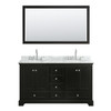 Deborah 60 Inch Double Bathroom Vanity In Dark Espresso, White Carrara Marble Countertop, Undermount Oval Sinks, And 58 Inch Mirror