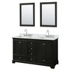 Deborah 60 Inch Double Bathroom Vanity In Dark Espresso, White Carrara Marble Countertop, Undermount Square Sinks, And 24 Inch Mirrors