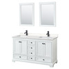 Deborah 60 Inch Double Bathroom Vanity In White, Carrara Cultured Marble Countertop, Undermount Square Sinks, Matte Black Trim, 24 Inch Mirrors
