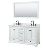 Deborah 60 Inch Double Bathroom Vanity In White, White Carrara Marble Countertop, Undermount Square Sinks, Matte Black Trim, 58 Inch Mirror