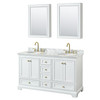Deborah 60 Inch Double Bathroom Vanity In White, White Carrara Marble Countertop, Undermount Oval Sinks, Brushed Gold Trim, Medicine Cabinets