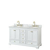 Deborah 60 Inch Double Bathroom Vanity In White, White Carrara Marble Countertop, Undermount Oval Sinks, Brushed Gold Trim, No Mirrors