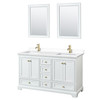 Deborah 60 Inch Double Bathroom Vanity In White, White Cultured Marble Countertop, Undermount Square Sinks, Brushed Gold Trim, 24 Inch Mirrors