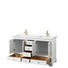 Deborah 60 Inch Double Bathroom Vanity In White, White Cultured Marble Countertop, Undermount Square Sinks, Brushed Gold Trim, No Mirrors