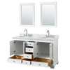Deborah 60 Inch Double Bathroom Vanity In White, White Carrara Marble Countertop, Undermount Oval Sinks, And 24 Inch Mirrors