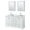 Deborah 60 Inch Double Bathroom Vanity In White, White Carrara Marble Countertop, Undermount Square Sinks, And Medicine Cabinets