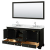 Deborah 72 Inch Double Bathroom Vanity In Dark Espresso, White Carrara Marble Countertop, Undermount Oval Sinks, And 70 Inch Mirror