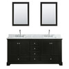 Deborah 72 Inch Double Bathroom Vanity In Dark Espresso, White Carrara Marble Countertop, Undermount Square Sinks, And 24 Inch Mirrors