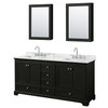 Deborah 72 Inch Double Bathroom Vanity In Dark Espresso, White Carrara Marble Countertop, Undermount Square Sinks, And Medicine Cabinets