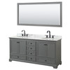 Deborah 72 Inch Double Bathroom Vanity In Dark Gray, White Carrara Marble Countertop, Undermount Oval Sinks, Matte Black Trim, 70 Inch Mirror