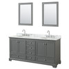 Deborah 72 Inch Double Bathroom Vanity In Dark Gray, White Carrara Marble Countertop, Undermount Oval Sinks, And 24 Inch Mirrors