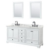 Deborah 72 Inch Double Bathroom Vanity In White, White Carrara Marble Countertop, Undermount Square Sinks, Matte Black Trim, 24 Inch Mirrors