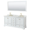 Deborah 72 Inch Double Bathroom Vanity In White, White Carrara Marble Countertop, Undermount Oval Sinks, Brushed Gold Trim, 70 Inch Mirror