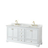 Deborah 72 Inch Double Bathroom Vanity In White, White Carrara Marble Countertop, Undermount Square Sinks, Brushed Gold Trim, No Mirrors