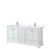 Deborah 72 Inch Double Bathroom Vanity In White, White Cultured Marble Countertop, Undermount Square Sinks, Brushed Gold Trim, No Mirrors