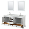 Deborah 72 Inch Double Bathroom Vanity In White, White Carrara Marble Countertop, Undermount Square Sinks, And 24 Inch Mirrors