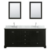 Deborah 80 Inch Double Bathroom Vanity In Dark Espresso, White Carrara Marble Countertop, Undermount Oval Sinks, And 24 Inch Mirrors