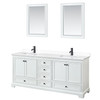 Deborah 80 Inch Double Bathroom Vanity In White, White Cultured Marble Countertop, Undermount Square Sinks, Matte Black Trim, 24 Inch Mirrors