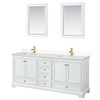 Deborah 80 Inch Double Bathroom Vanity In White, Carrara Cultured Marble Countertop, Undermount Square Sinks, Brushed Gold Trim, 24 Inch Mirrors