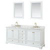Deborah 80 Inch Double Bathroom Vanity In White, White Carrara Marble Countertop, Undermount Oval Sinks, Brushed Gold Trim, 24 Inch Mirrors