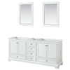 Deborah 80 Inch Double Bathroom Vanity In White, No Countertop, No Sinks, Brushed Gold Trim, 24 Inch Mirrors