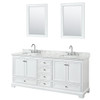 Deborah 80 Inch Double Bathroom Vanity In White, White Carrara Marble Countertop, Undermount Square Sinks, And 24 Inch Mirrors