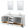Deborah 80 Inch Double Bathroom Vanity In White, White Carrara Marble Countertop, Undermount Square Sinks, And 24 Inch Mirrors