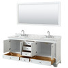 Deborah 80 Inch Double Bathroom Vanity In White, White Carrara Marble Countertop, Undermount Square Sinks, And 70 Inch Mirror