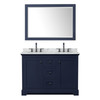 Avery 48 Inch Double Bathroom Vanity In Dark Blue, White Carrara Marble Countertop, Undermount Oval Sinks, Matte Black Trim, 46 Inch Mirror