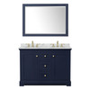 Avery 48 Inch Double Bathroom Vanity In Dark Blue, White Carrara Marble Countertop, Undermount Oval Sinks, 46 Inch Mirror