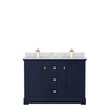 Avery 48 Inch Double Bathroom Vanity In Dark Blue, White Carrara Marble Countertop, Undermount Square Sinks, No Mirror