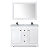 Avery 48 Inch Double Bathroom Vanity In White, White Carrara Marble Countertop, Undermount Square Sinks, Matte Black Trim, 46 Inch Mirror