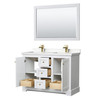 Avery 48 Inch Double Bathroom Vanity In White, Carrara Cultured Marble Countertop, Undermount Square Sinks, 46 Inch Mirror, Brushed Gold Trim