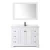 Avery 48 Inch Single Bathroom Vanity In White, Carrara Cultured Marble Countertop, Undermount Square Sink, Matte Black Trim, 46 Inch Mirror