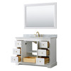 Avery 48 Inch Single Bathroom Vanity In White, White Carrara Marble Countertop, Undermount Oval Sink, 46 Inch Mirror, Brushed Gold Trim