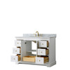 Avery 48 Inch Single Bathroom Vanity In White, White Carrara Marble Countertop, Undermount Oval Sink, Brushed Gold Trim