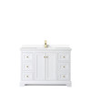 Avery 48 Inch Single Bathroom Vanity In White, White Cultured Marble Countertop, Undermount Square Sink, Brushed Gold Trim