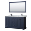 Avery 60 Inch Double Bathroom Vanity In Dark Blue, White Carrara Marble Countertop, Undermount Square Sinks, Matte Black Trim, 58 Inch Mirror