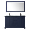 Avery 60 Inch Double Bathroom Vanity In Dark Blue, White Carrara Marble Countertop, Undermount Square Sinks, Matte Black Trim, 58 Inch Mirror