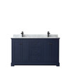 Avery 60 Inch Double Bathroom Vanity In Dark Blue, White Carrara Marble Countertop, Undermount Square Sinks, Matte Black Trim
