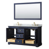 Avery 60 Inch Double Bathroom Vanity In Dark Blue, White Carrara Marble Countertop, Undermount Oval Sinks, And 58 Inch Mirror