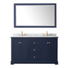 Avery 60 Inch Double Bathroom Vanity In Dark Blue, White Carrara Marble Countertop, Undermount Oval Sinks, And 58 Inch Mirror